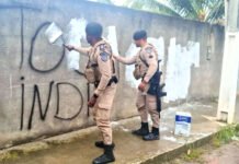 PETO da 27ª CIPM apaga pichações com referência a facções criminosas em Cruz das Almas; PM busca reforçar sensação de segurança entre os moradores
