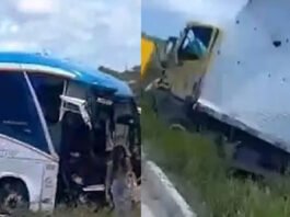 Colisão entre ônibus de viagem e caminhão baú deixa mortos na BR-324