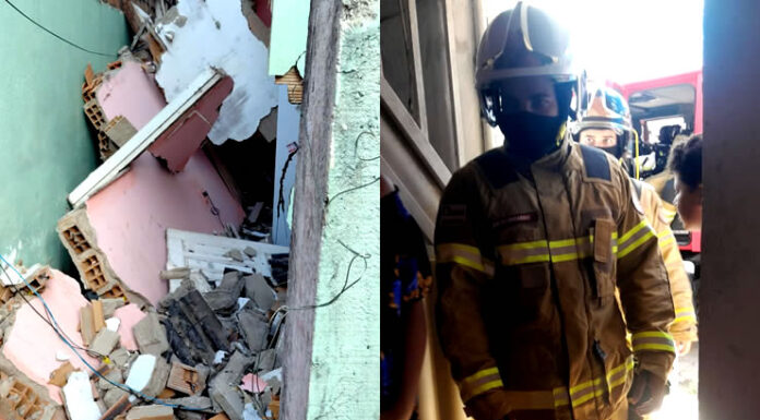 Em SAJ: Explosão de panela de pressão deixa ferido e provoca desabamento parcial de residência; Corpo de Bombeiros fez resgate de vítima com segurança
